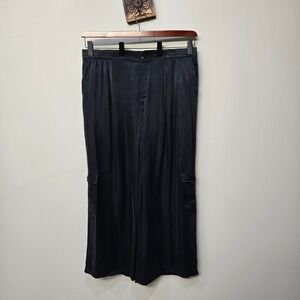 Women Wide Leg Cargo Pants Plus Size 1X Black Cupro Luxe Minimalist Drapey Fluid